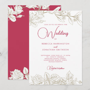 Floral Rose Magenta Pink Gold Wedding Invitation