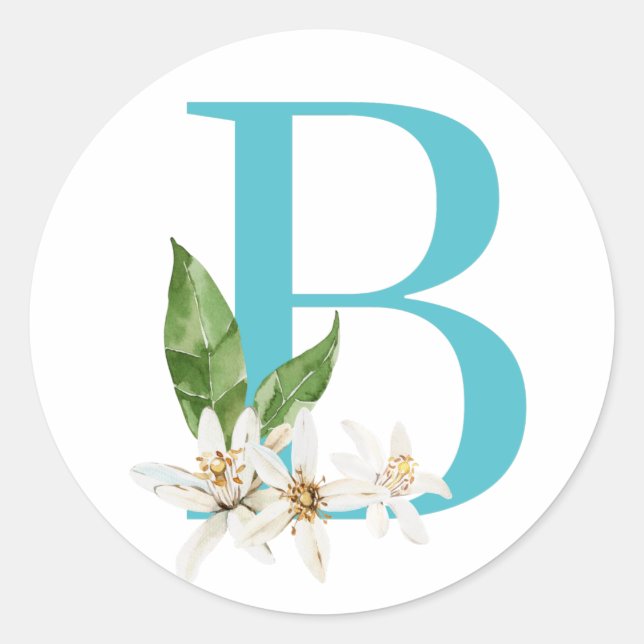 Floral rose monogram in teal letter B Classic Round Sticker (Front)