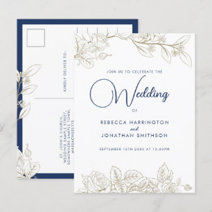 Floral Rose Navy Blue Gold Wedding Invitation Postcard