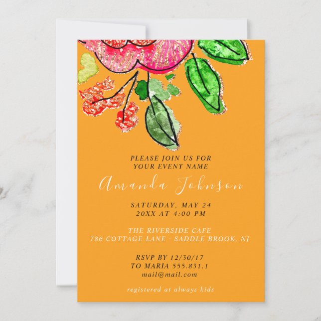 Floral Rose Orange Bridal Shower Sweet 16th   Invitation (Front)