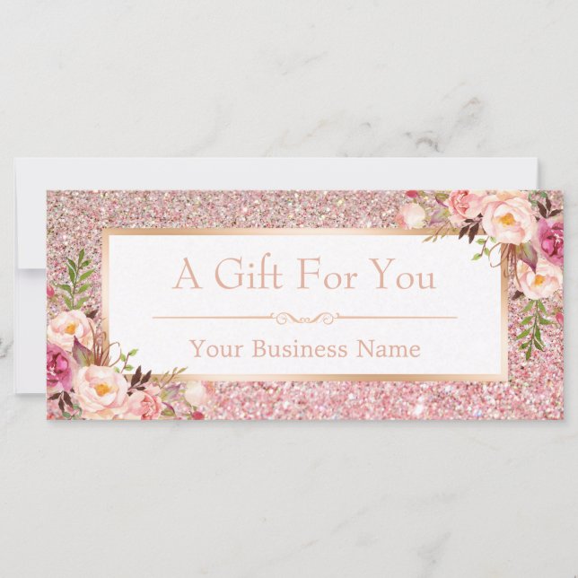 Floral Rose Pink Glitter Gift Certificate Card (Front)