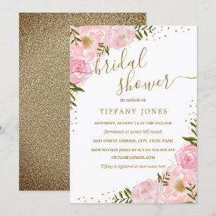 Floral Rose Pink Gold Watercolor Bridal Shower Invitation