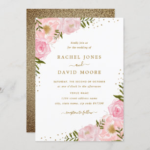 Floral Rose Pink Gold Watercolor Wedding Invite