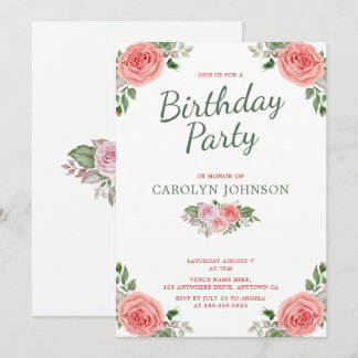 Floral Rose Pink & Green Birthday Party Invitation