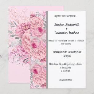FLORAL ROSE PINK SILVER TRIM WHITE WEDDING INVITATION