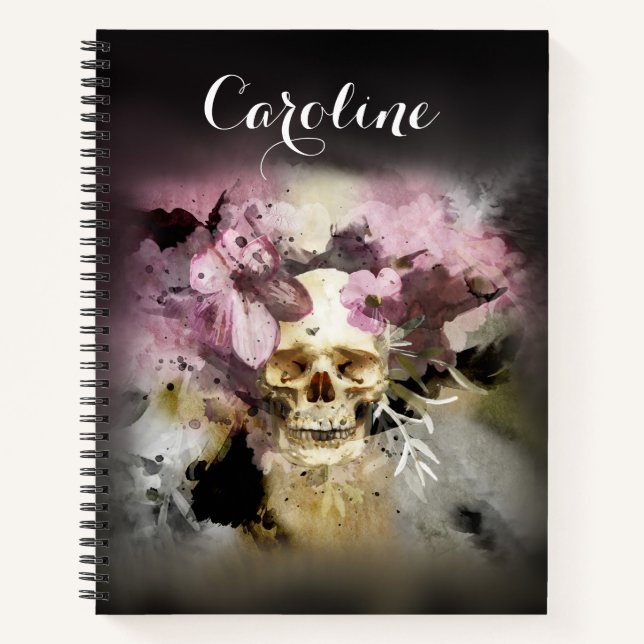 Floral Rose Pink Sugar Skull First Name Notebook (Front)