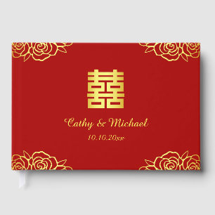 Floral rose red gold Chinese wedding reception Guest Book