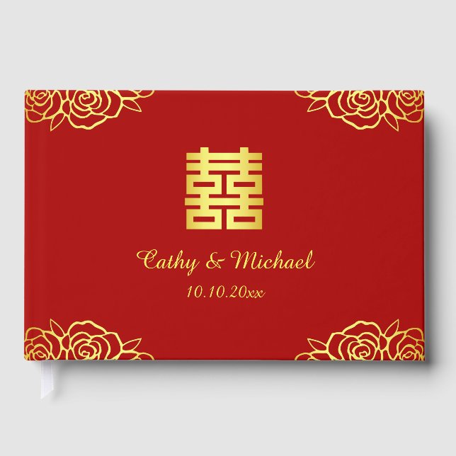 Floral rose red gold Chinese wedding reception Guest Book (Front)