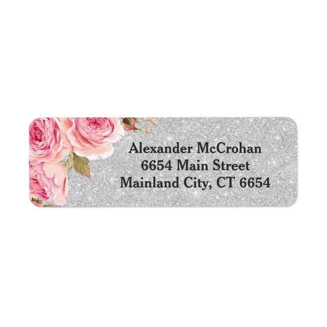 Floral Rose Silver Glitter Return Address (Front)