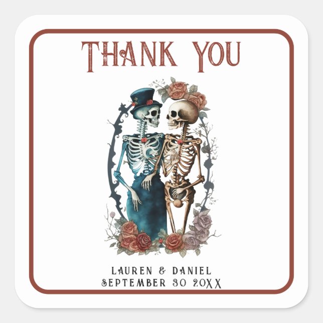 Floral Rose Skeleton Lovers Wedding Thank You Square Sticker (Front)