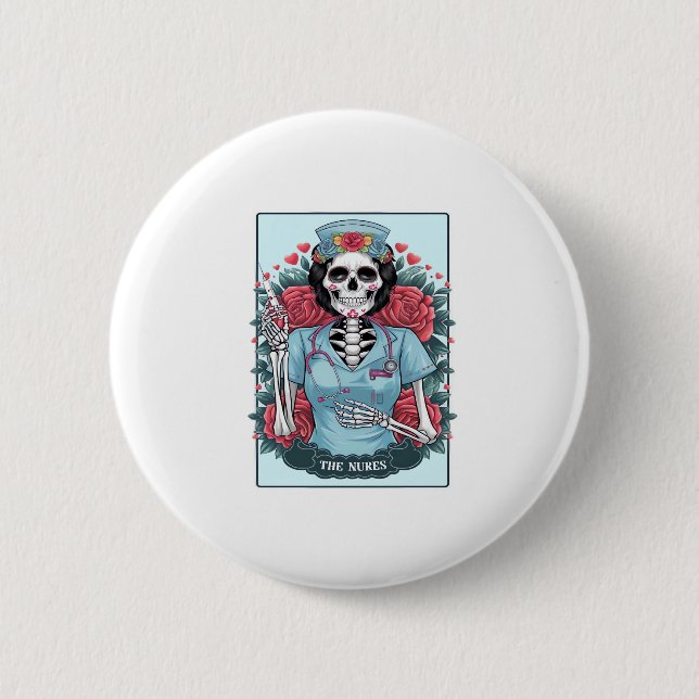 Floral Rose Skeleton Nurse Tarot Card Halloween Es 6 Cm Round Badge (Front)