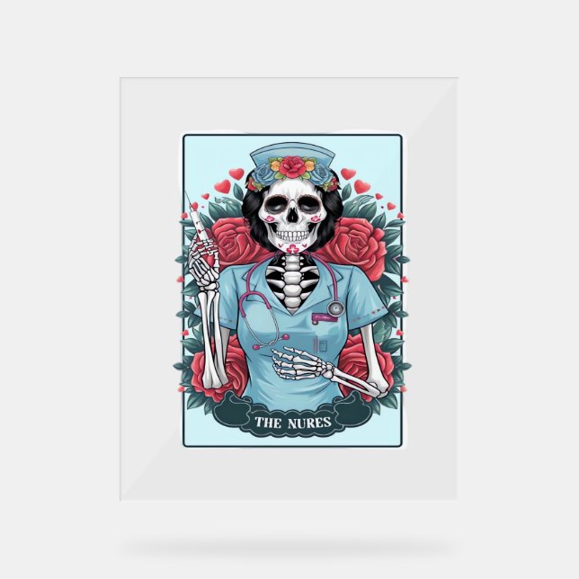 Floral Rose Skeleton Nurse Tarot Card Halloween Es Acrylic Sign (Front)