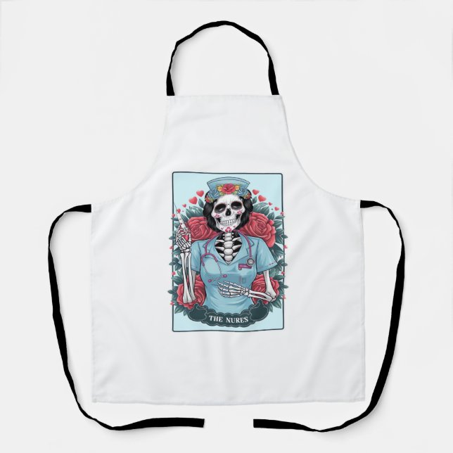 Floral Rose Skeleton Nurse Tarot Card Halloween Es Apron (Front)