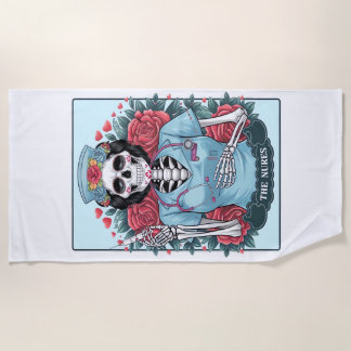 Floral Rose Skeleton Nurse Tarot Card Halloween Es Beach Towel