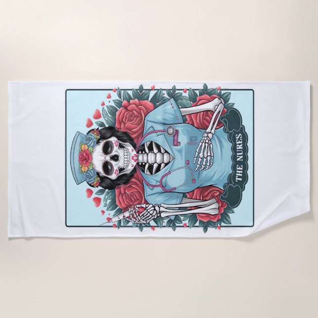 Floral Rose Skeleton Nurse Tarot Card Halloween Es Beach Towel (Front)