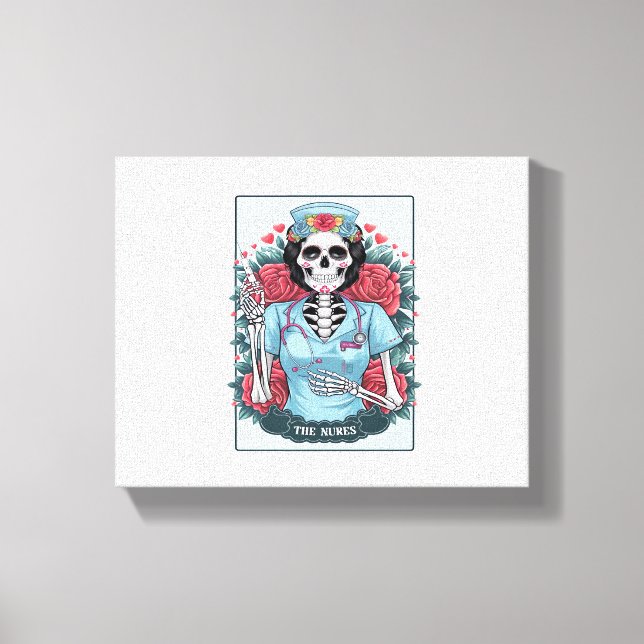 Floral Rose Skeleton Nurse Tarot Card Halloween Es Canvas Print (Front)