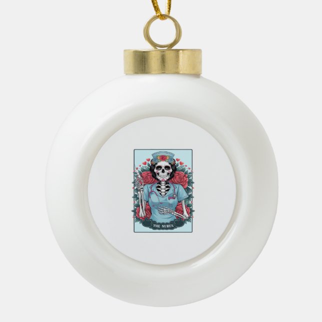 Floral Rose Skeleton Nurse Tarot Card Halloween Es Ceramic Ball Christmas Ornament (Front)