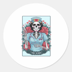 Floral Rose Skeleton Nurse Tarot Card Halloween Es Classic Round Sticker