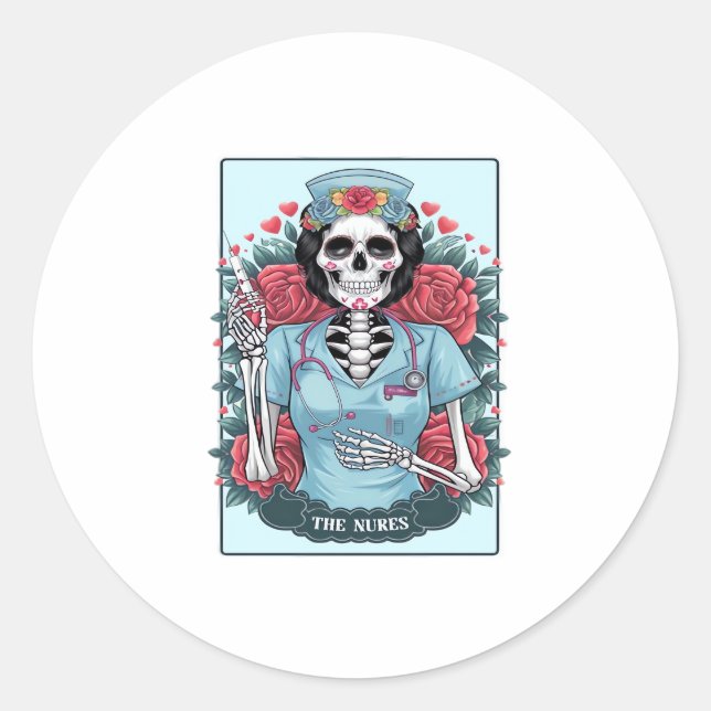 Floral Rose Skeleton Nurse Tarot Card Halloween Es Classic Round Sticker (Front)