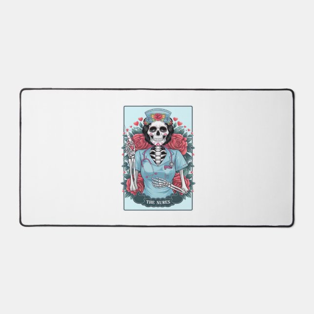 Floral Rose Skeleton Nurse Tarot Card Halloween Es Desk Mat (Front)