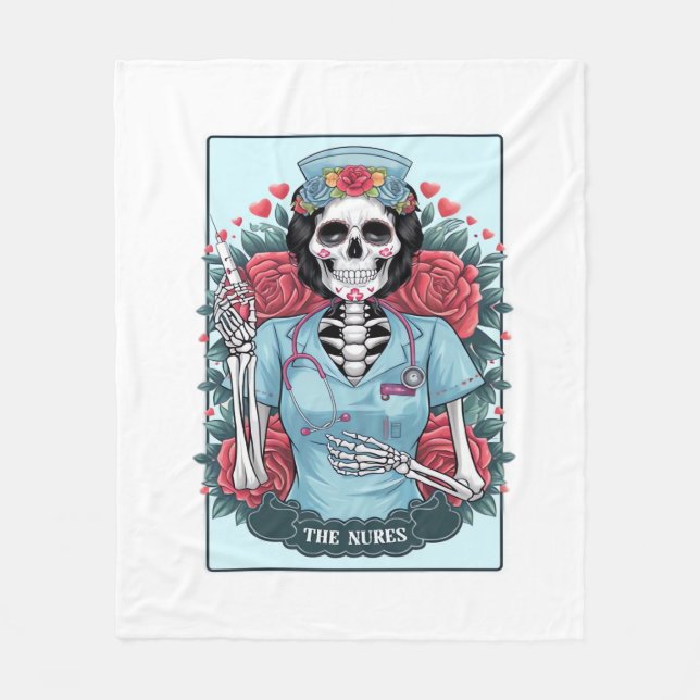 Floral Rose Skeleton Nurse Tarot Card Halloween Es Fleece Blanket (Front)