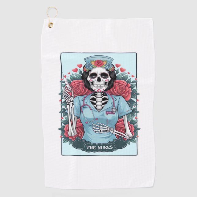Floral Rose Skeleton Nurse Tarot Card Halloween Es Golf Towel (Front)