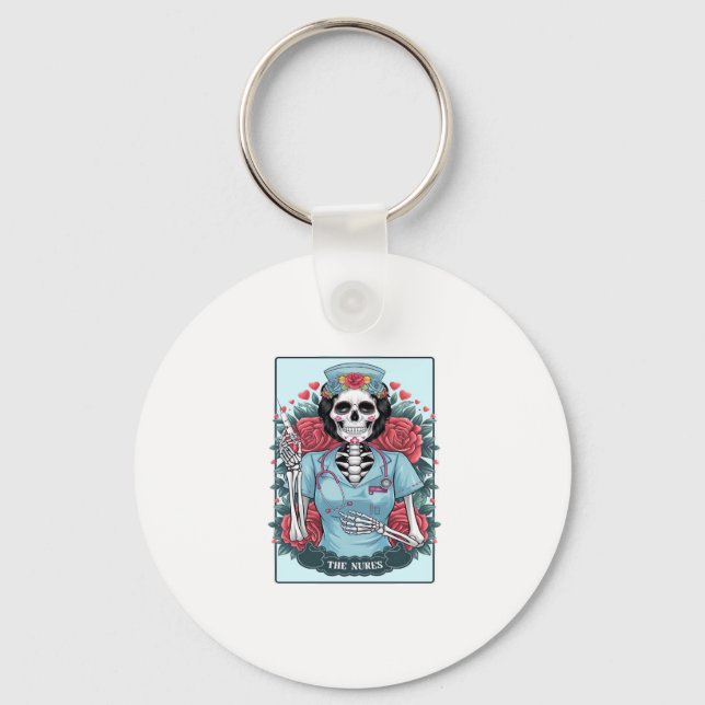 Floral Rose Skeleton Nurse Tarot Card Halloween Es Key Ring (Front)