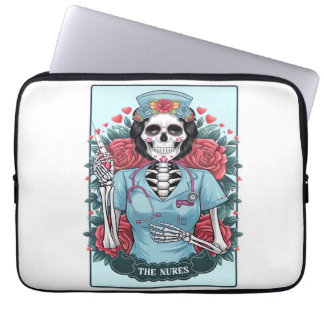 Floral Rose Skeleton Nurse Tarot Card Halloween Es Laptop Sleeve