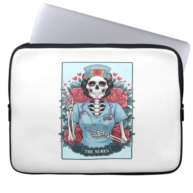 Floral Rose Skeleton Nurse Tarot Card Halloween Es Laptop Sleeve (Front)