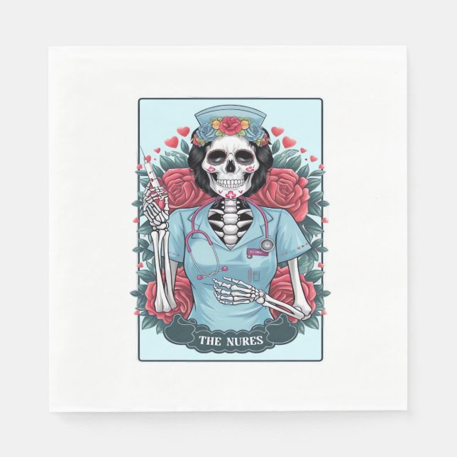 Floral Rose Skeleton Nurse Tarot Card Halloween Es Napkin (Front)