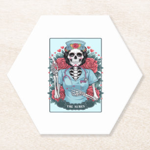 Floral Rose Skeleton Nurse Tarot Card Halloween Es Paper Coaster