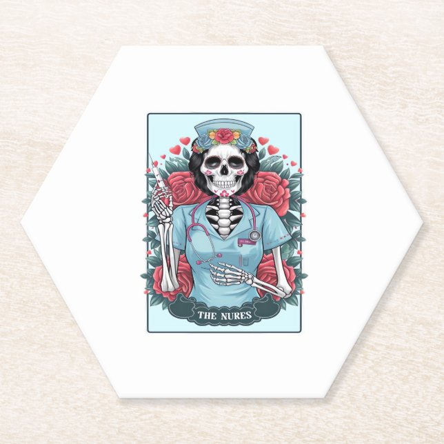 Floral Rose Skeleton Nurse Tarot Card Halloween Es Paper Coaster (Front)