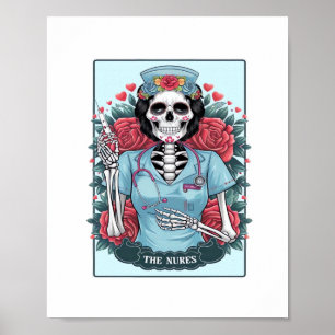 Floral Rose Skeleton Nurse Tarot Card Halloween Es Poster