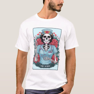 Floral Rose Skeleton Nurse Tarot Card Halloween Es T-Shirt