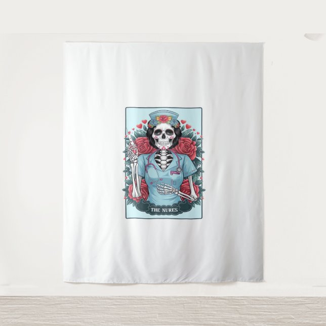 Floral Rose Skeleton Nurse Tarot Card Halloween Es Tapestry (Front)