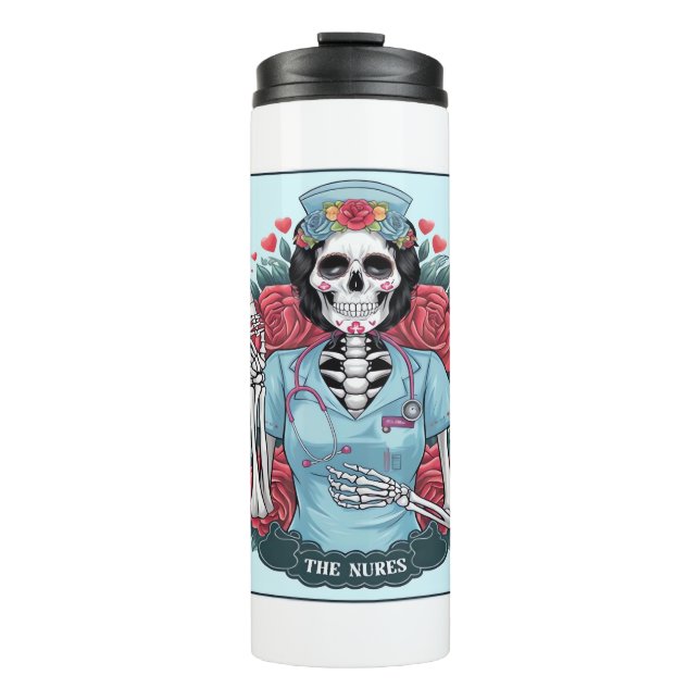 Floral Rose Skeleton Nurse Tarot Card Halloween Es Thermal Tumbler (Front)