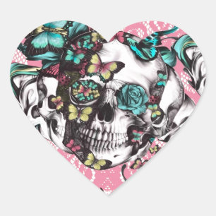 Floral rose skull with butterflies. heart sticker
