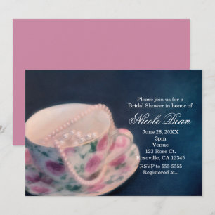 Floral Rose Tea Cup & Pearls Bridal Shower Invitation