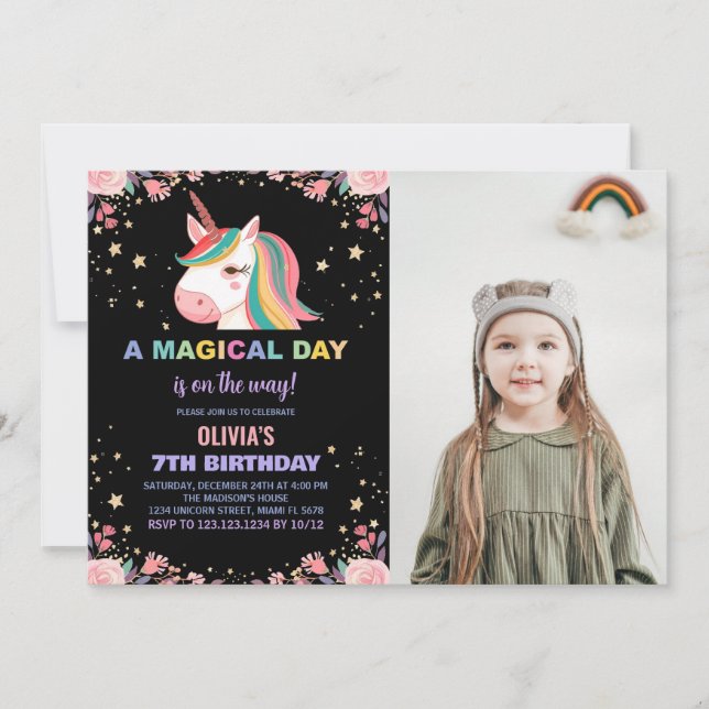 Floral Rose Unicorn Birthday Invitations photo (Front)