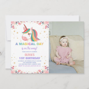 Floral Rose Unicorn Birthday Invitations w photo