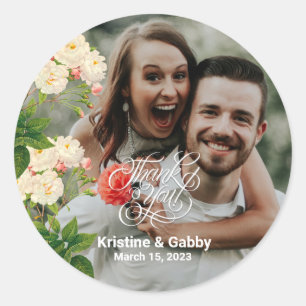 Floral Rose Vintage Thank You Calligraphy Classic Classic Round Sticker