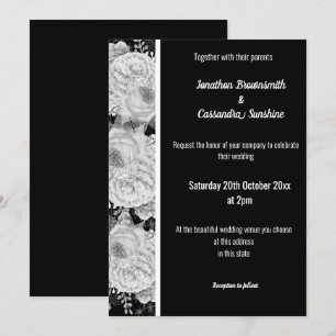 FLORAL ROSE WHITE BLACK SILVER TRIM WHITE WEDDING INVITATION