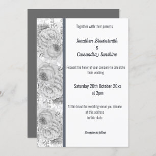 FLORAL ROSE WHITE SILVER TRIM WHITE WEDDING INVITATION