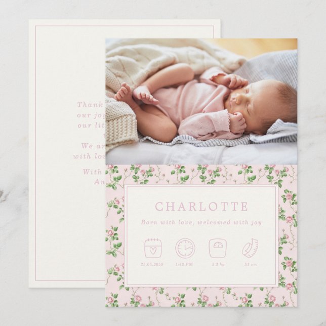 Floral Roses Baby Birth Photo Announcement Card (Front/Back)