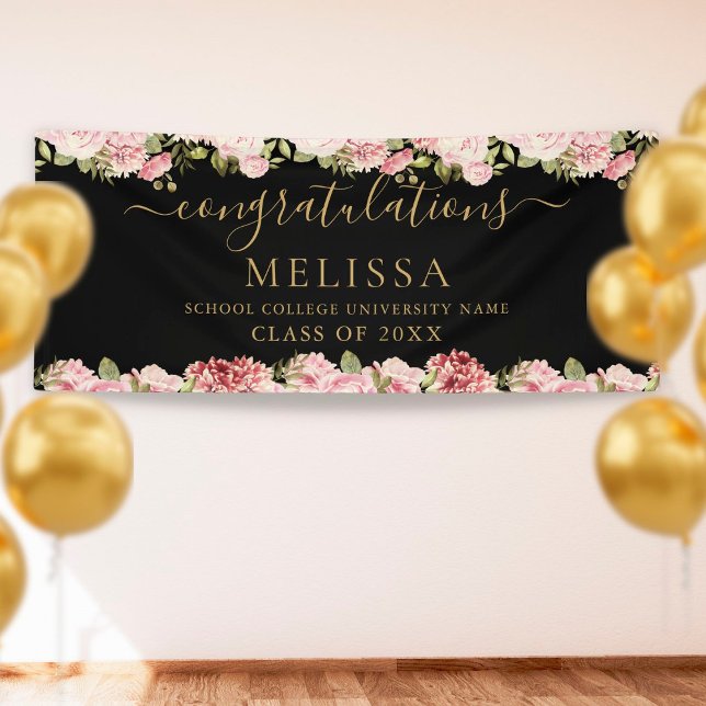Floral Roses Black And Gold Script Graduation Banner (Creator Uploaded)