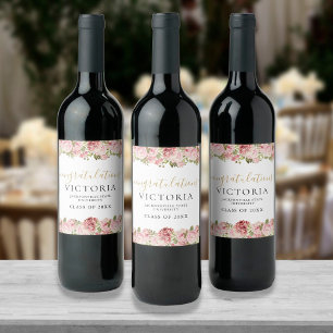 Floral Roses Black And Gold Script Graduation Wine Label