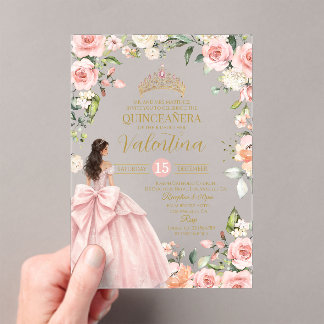 Floral Roses Blush Pink Quinceañera 15th birthday Acrylic Invitations