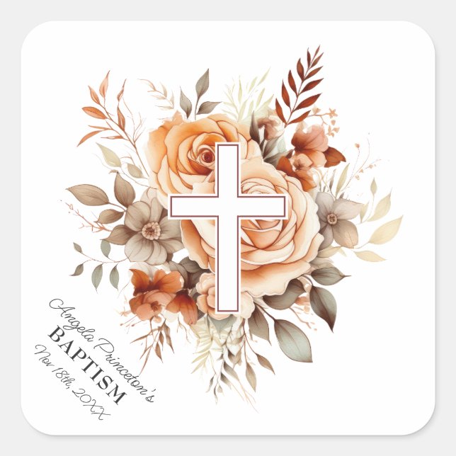 Floral Roses Cross Baptism  Square Sticker (Front)