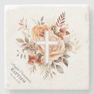 Floral Roses Cross Baptism Stone Coaster