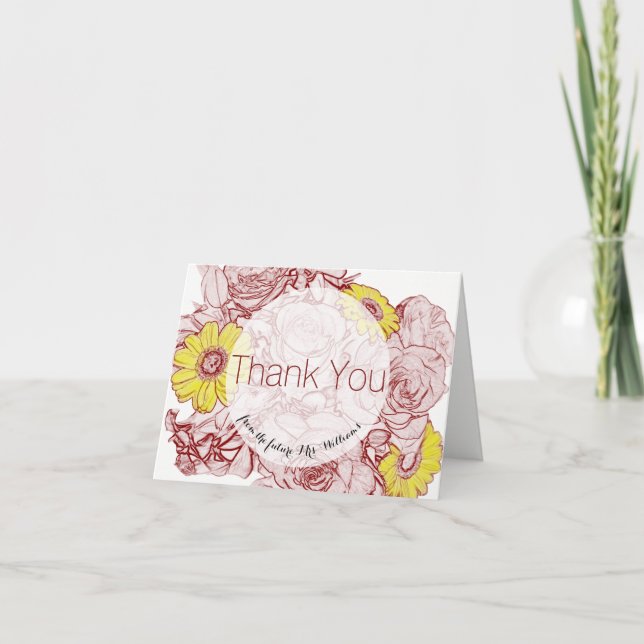 Floral Roses Daisies Terra  Cotta Outlined Bouquet Thank You Card (Front)